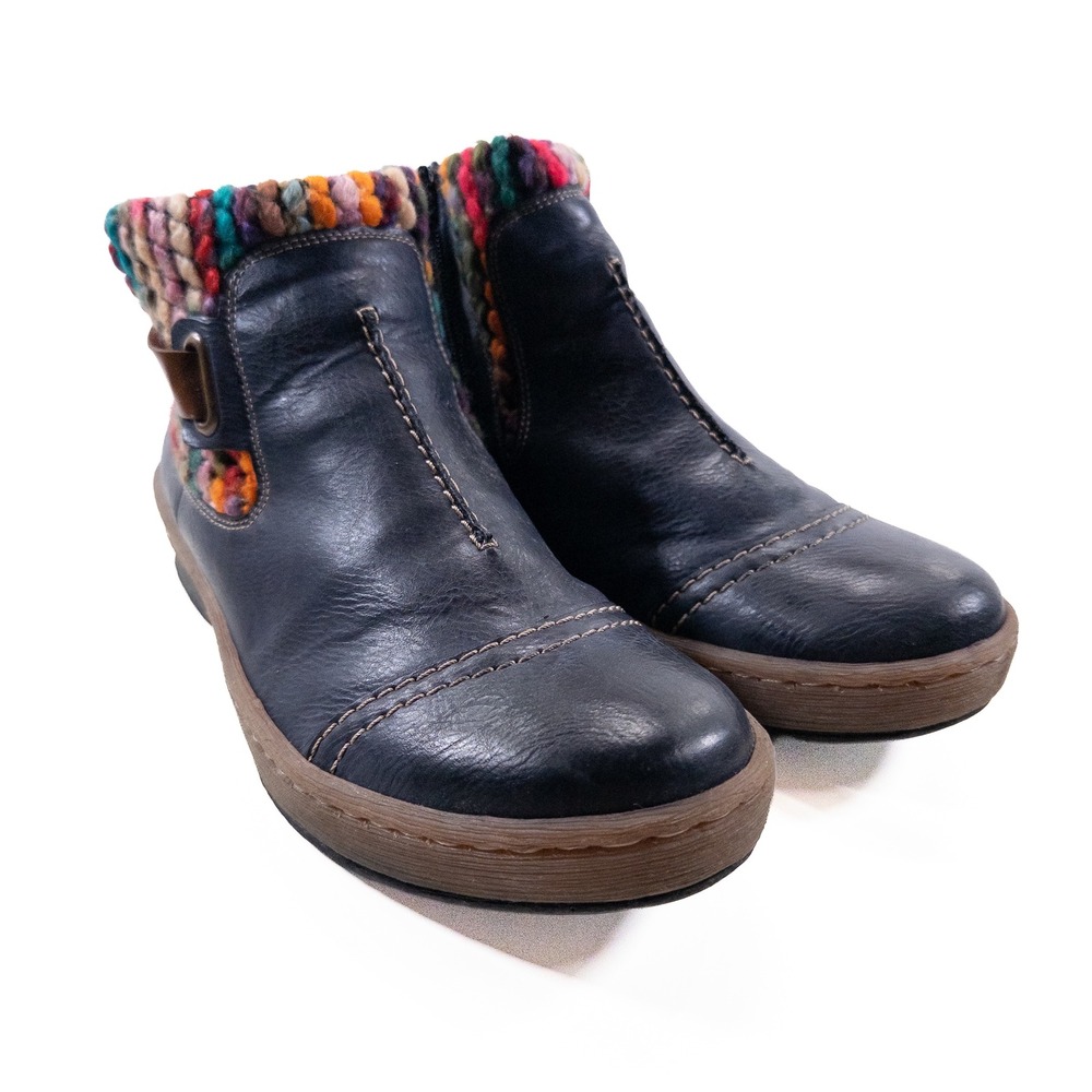 Rieker Felicitas Ankle Boots Womens 40 8.5 Navy Blue Faux Leather Zip Yarn Trim - Picture 2 of 10